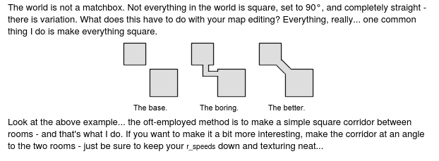 Two disjoint, unconnected square rooms. Two square rooms connected via an &lsquo;L&rsquo;-shape corridor. Two square rooms connected by a diagonal corridor from the corner of one room to the other.